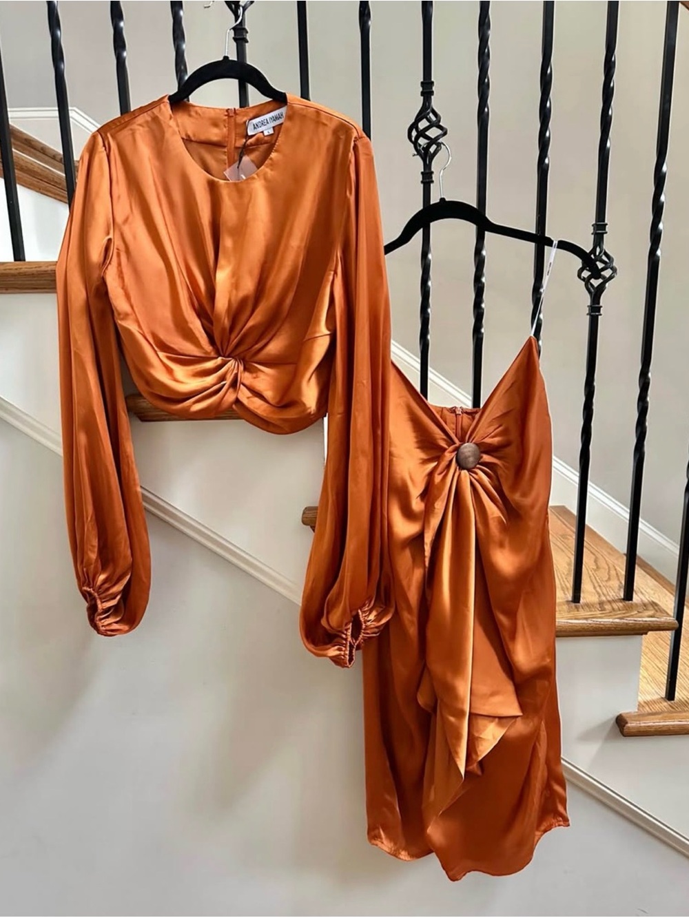 Andrea Iyamah Orange Satin Knot-Front Crop Top - Picture 2 of 8
